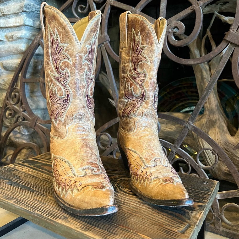 RARE Vintage Corral  Eagle Cognac Tan Burgundy/olive detail Cowboy Boots 8.5M - Picture 4 of 15